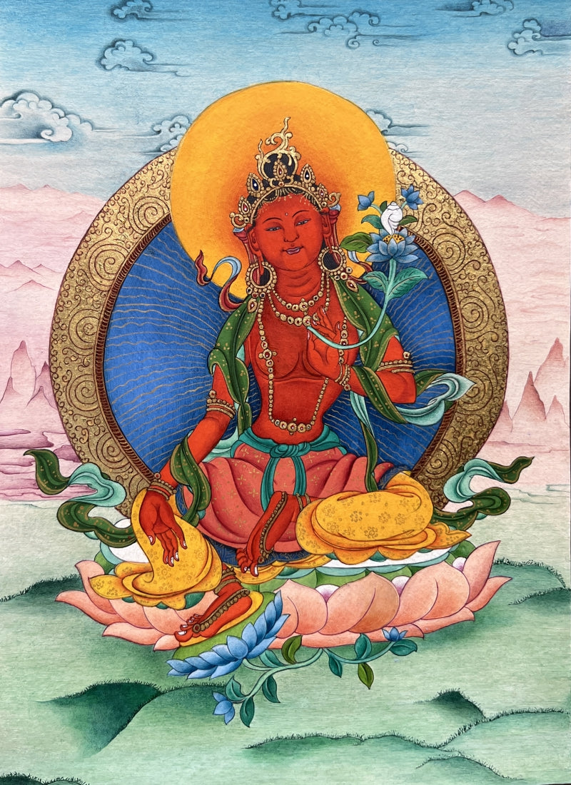 'Noble Lady Tara Nyurma Pamo' religious mixed-media painting by artist Aditi Agarwal, 10x8 inch, on paper
