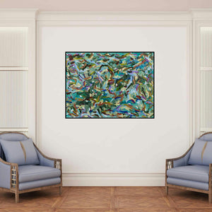 'Nori Nori (A Vortex of Color**)' painting by Sheena Bajaria shown on a wall in a furnished room.