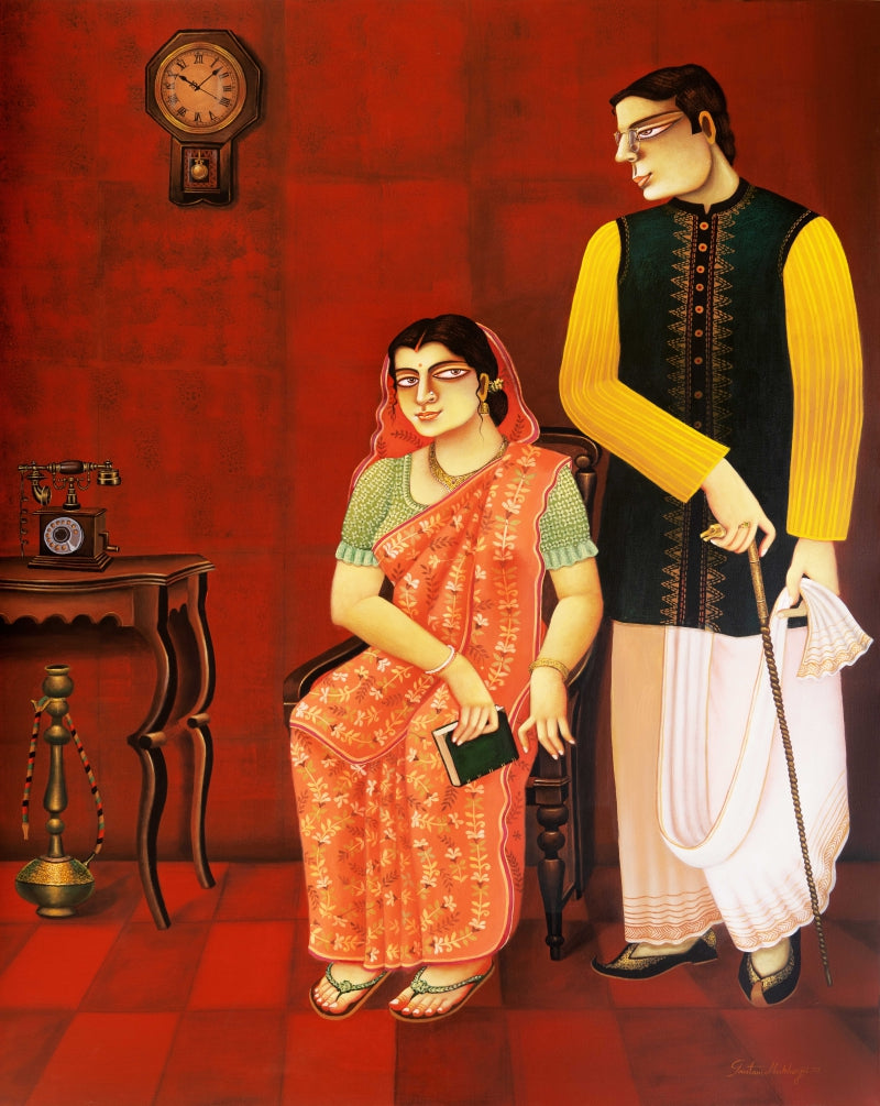 'Nostalgia' figurative acrylic painting by artist Gautam Mukherjee, 60x48 inch, on canvas