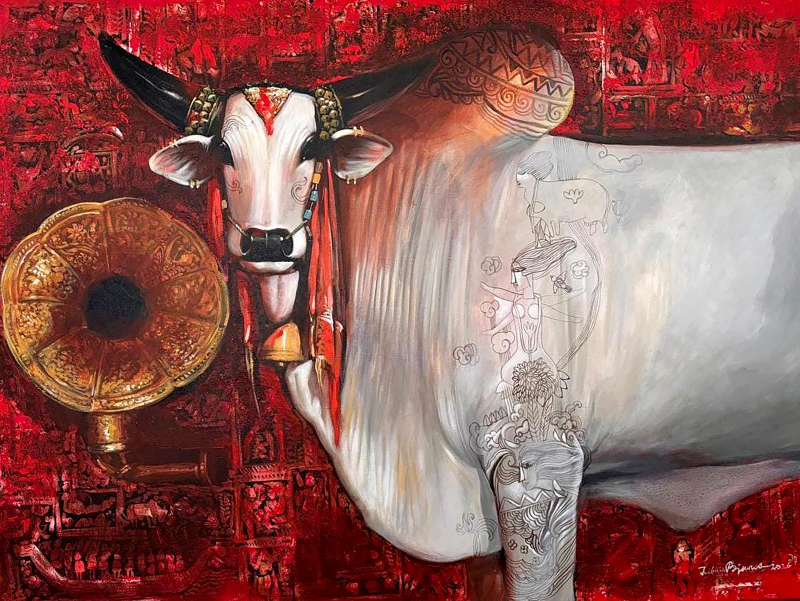 Nostalgia' animals acrylic painting by artist Jjiban Biswas, 36x48 inch, on canvas