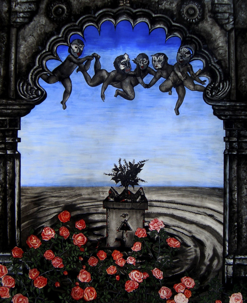 Nostalgia' contemporary acrylic-charcoal painting by artist Gangu Naidu Pv, 60x48 inch, on fabriano paper