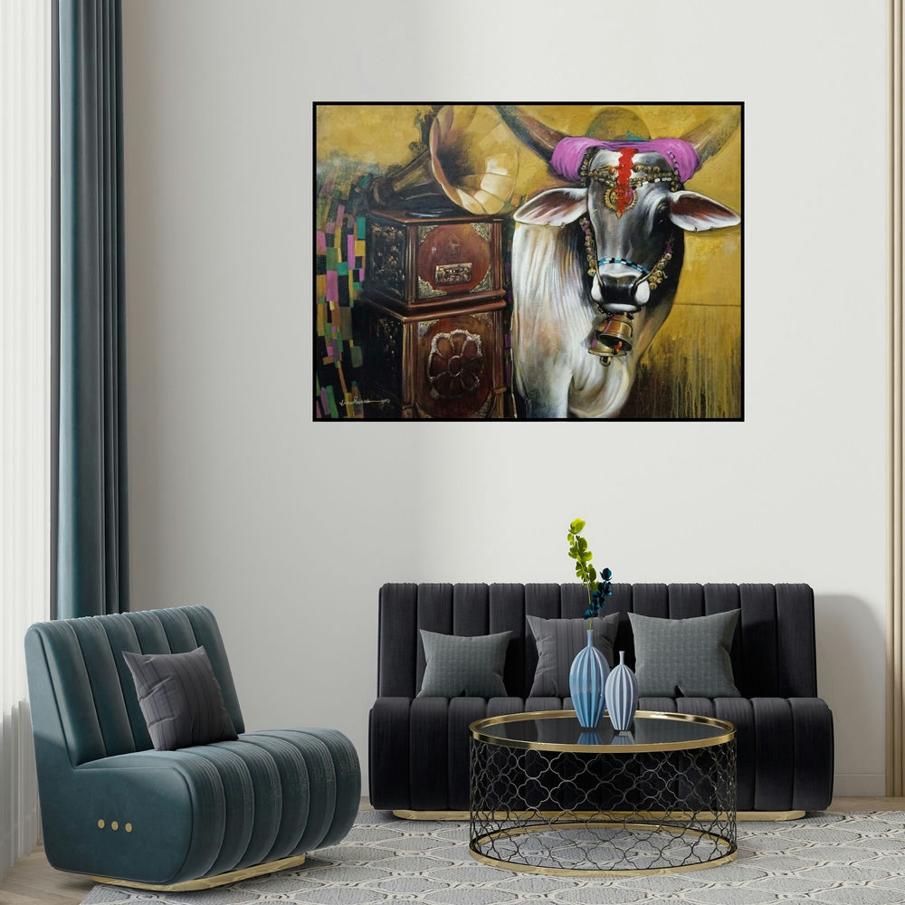 Jiban Biswas's 'Nostalgia 2 (The Sound of Tradition)' painting visualized above a sofa in a contemporary room.