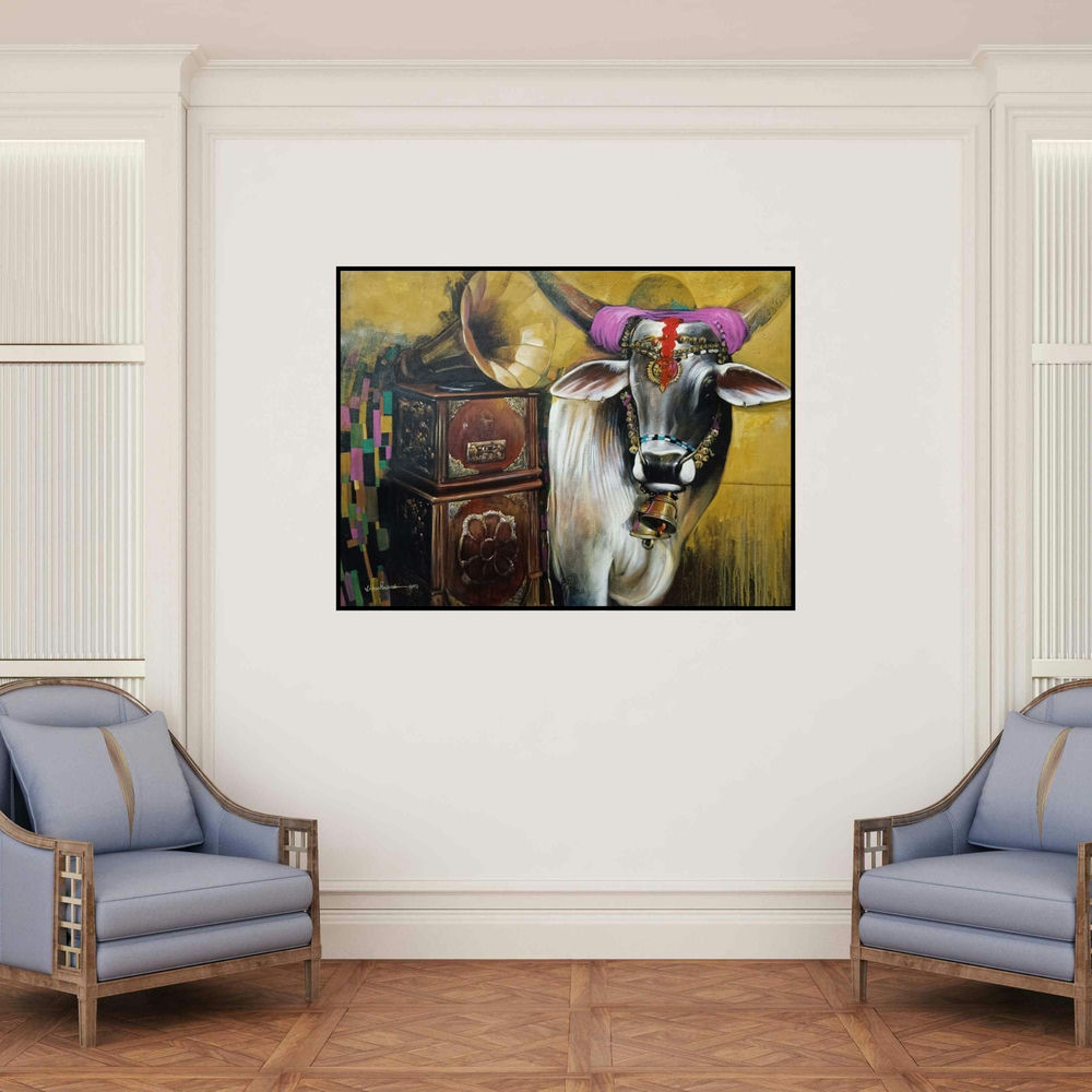 'Nostalgia 2 (The Sound of Tradition)' painting by Jiban Biswas shown on a wall in a furnished room.