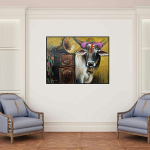 'Nostalgia 2 (The Sound of Tradition)' painting by Jiban Biswas shown on a wall in a furnished room.