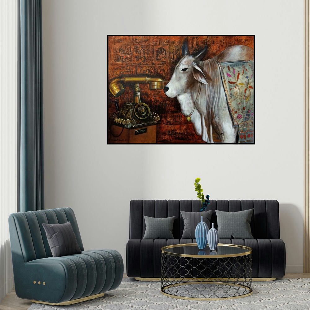 Jiban Biswas's 'Nostalgia (The Unexpected Connection)' painting visualized above a sofa in a contemporary room.