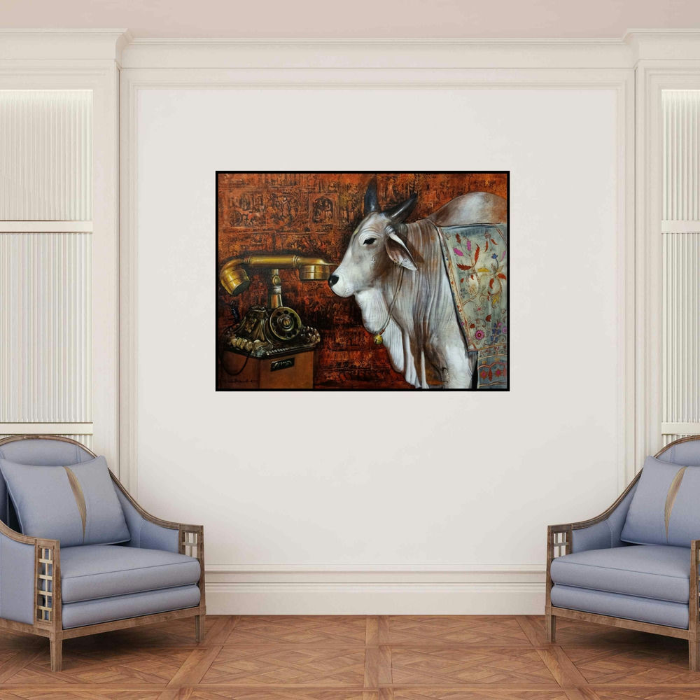 'Nostalgia (The Unexpected Connection)' painting by Jiban Biswas shown on a wall in a furnished room.