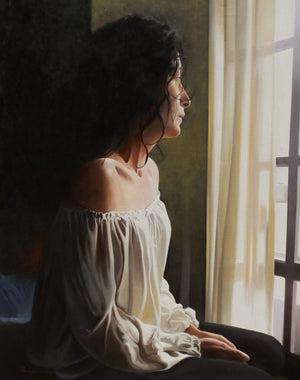 Nostalgia by Jose Higuera, Original Oil Figurative Painting on Canvas, Medium Vertical Wall Art
