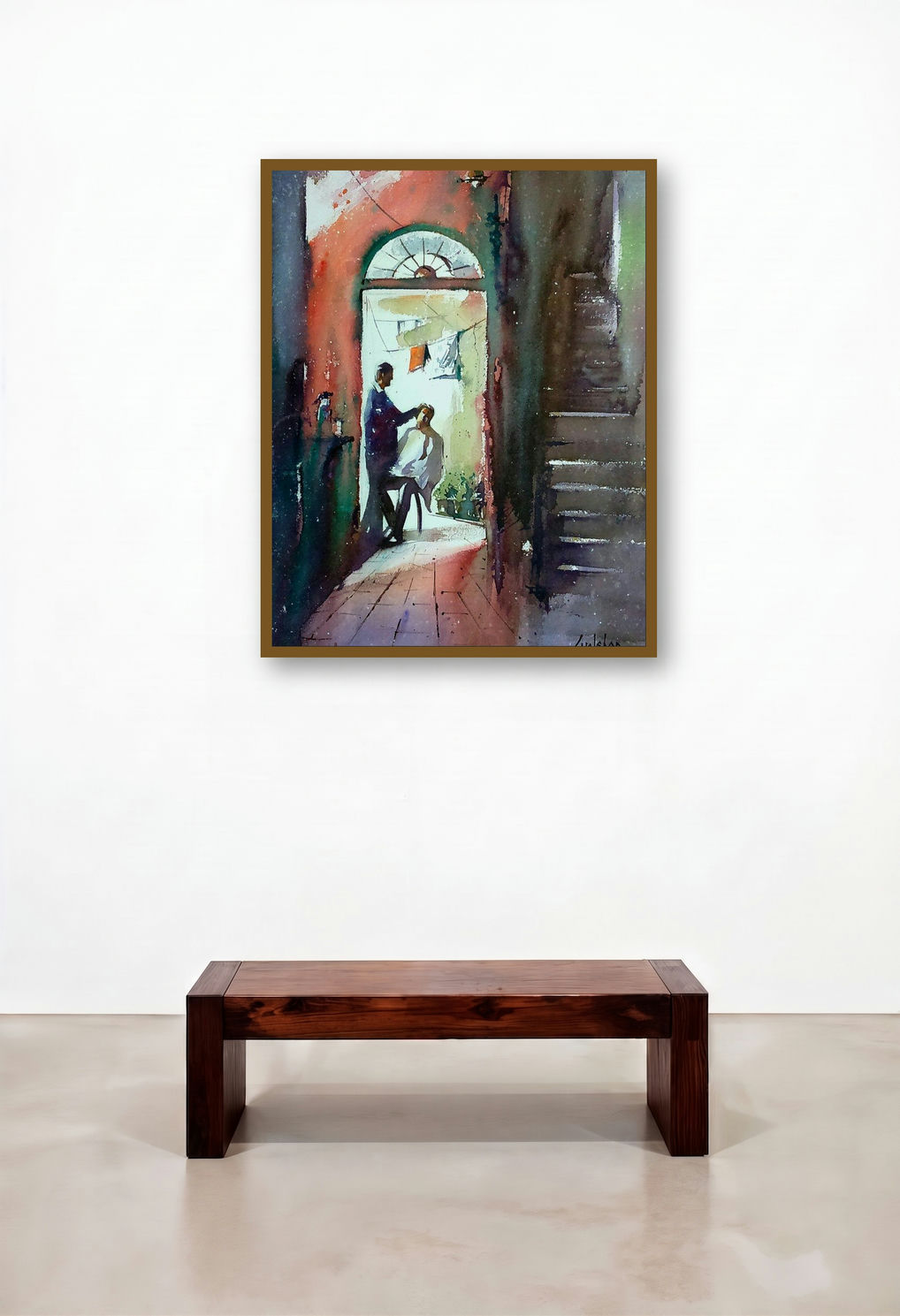 Nostalgia Water by artist Gulshan Achari displayed in a Minimalist Hallway