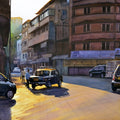 'Nostalgic Ride' cityscape watercolor painting by artist Ramesh Jhawar, 21x29 inch, on paper