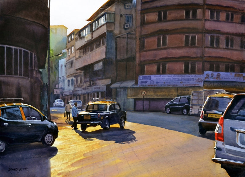 'Nostalgic Ride' cityscape watercolor painting by artist Ramesh Jhawar, 21x29 inch, on paper