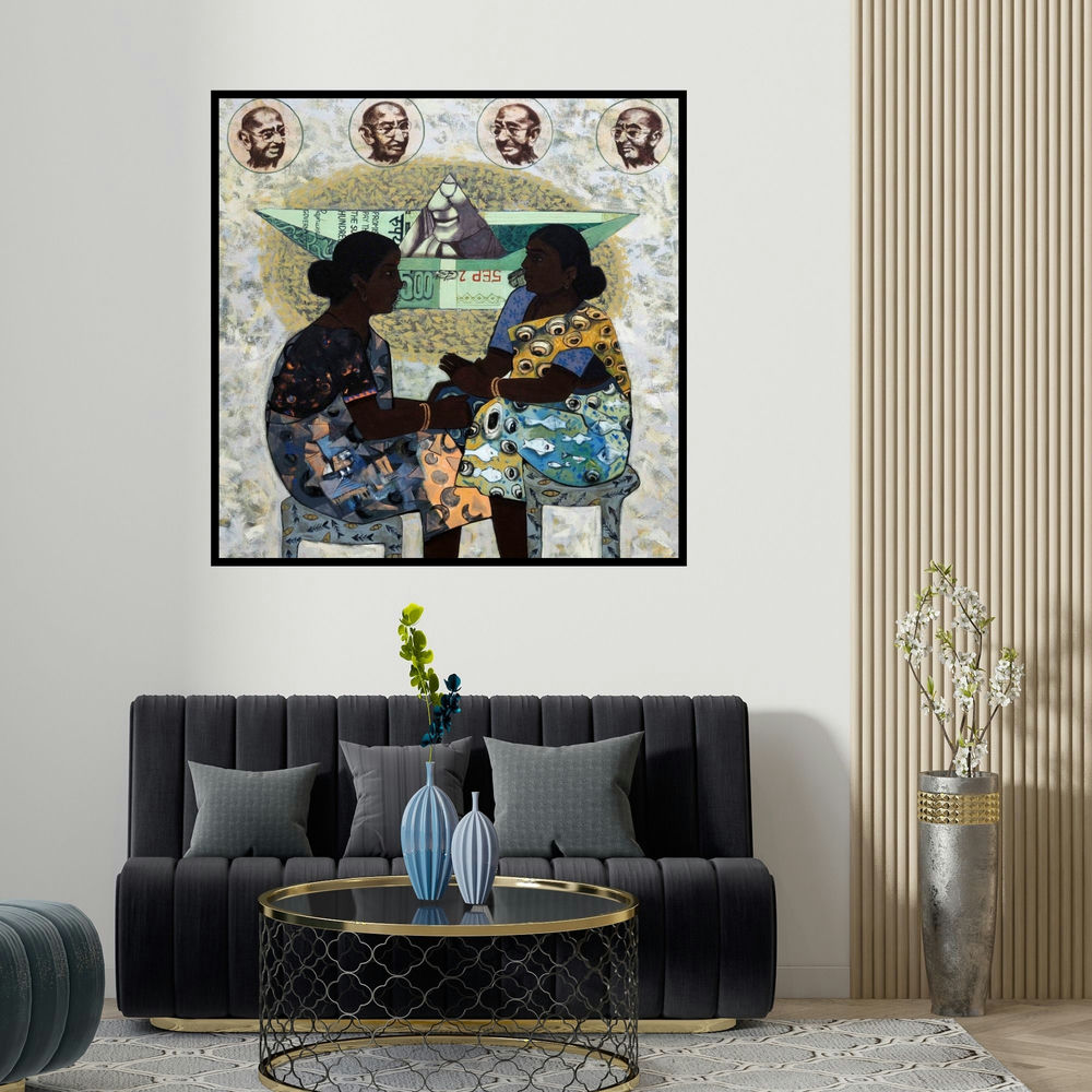 Harshada Kolapkar's 'Nota Bandi (The Power of the Vote)' painting visualized above a sofa in a contemporary room.