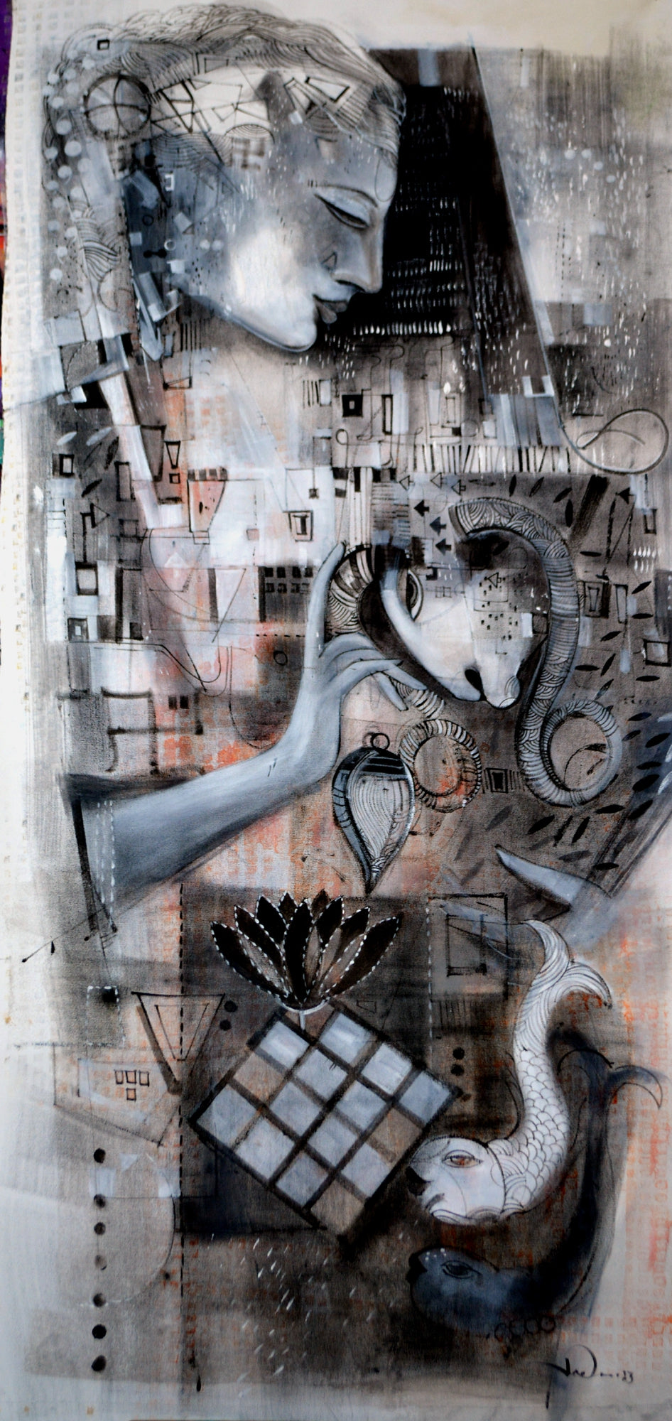Notes Of Silence' contemporary acrylic painting by artist Madan Lal, 60x24 inch, on canvas