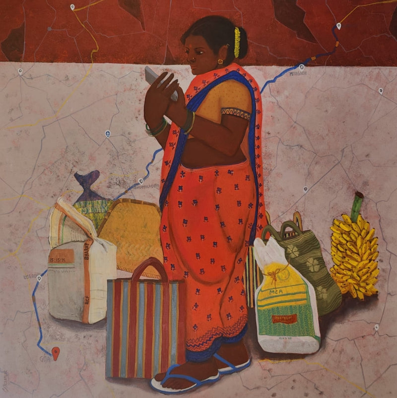 Nothing Here Is In A Rush' figurative acrylic painting by artist Harshada Kolapkar, 36x36 inch, on canvas