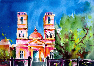 Notre Dame Des Anges (Sacred Hues: A Church in the Sun) by Veronique Piaser-Moyen, Original Watercolor Cityscape Painting on Paper, X-Small Horizontal Wall Art