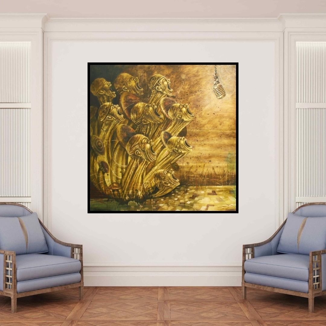 In-situ view of Vikram Nayak's 'Now Asserting (The Chorus)' painting in a room