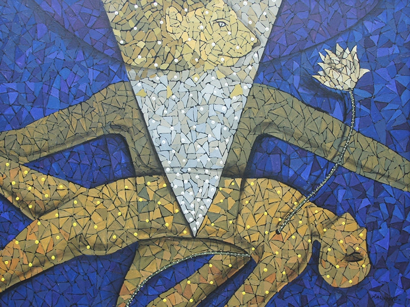 Nrusimha' religious acrylic painting by artist Pravin Randive, 36x48 inch, on canvas