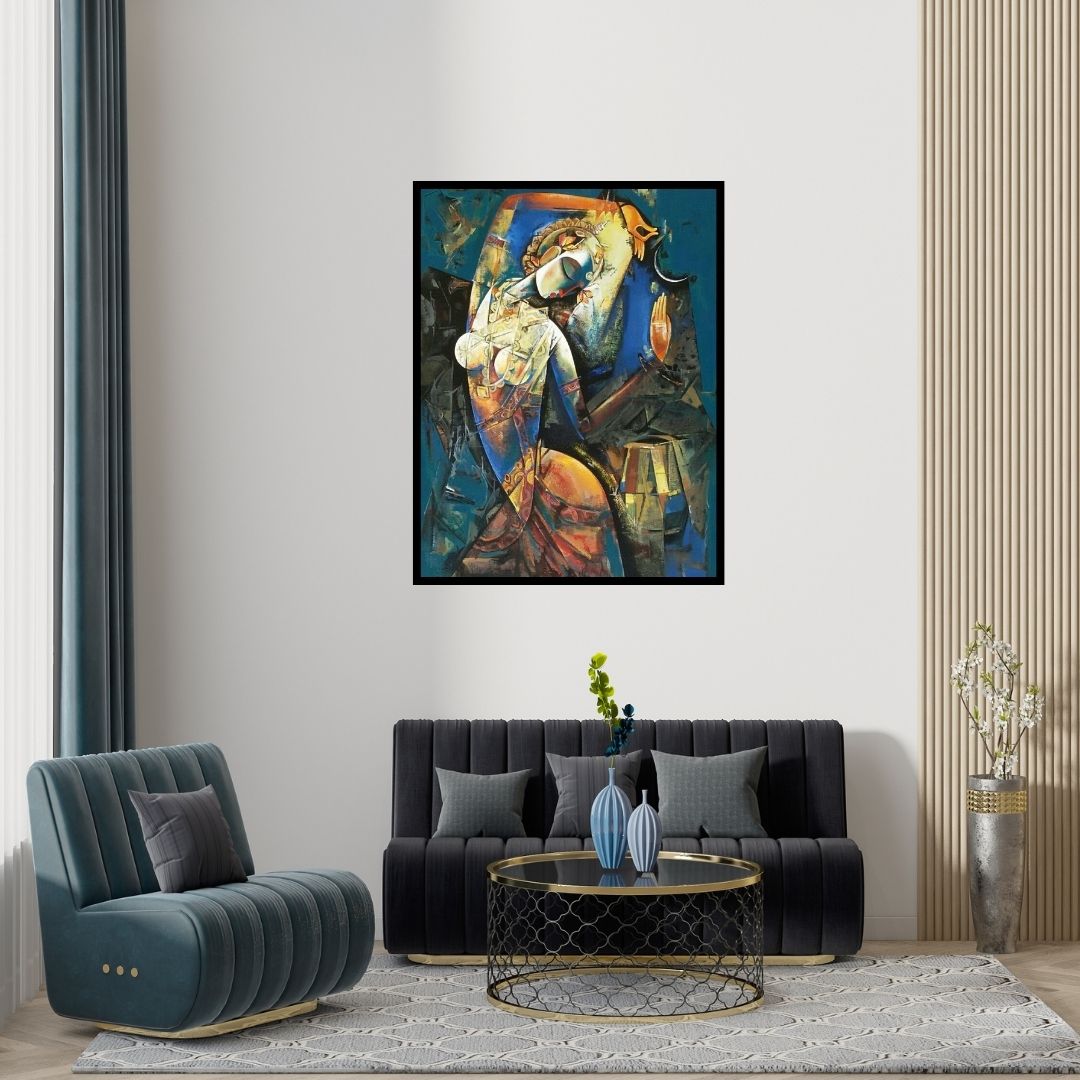 Preview of 'Nrutya Chandrika 63' Painting by Vishal Phasale shown on a wall in a furnished room.