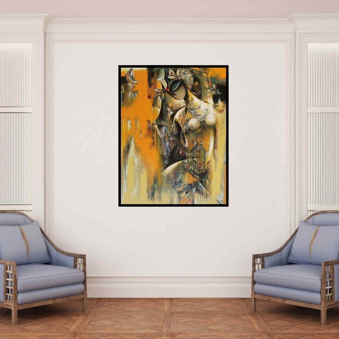 In-situ view of Vishal Phasale's 'Nrutya Chandrika 76 (Woman with Bird and Moon)' painting in a room