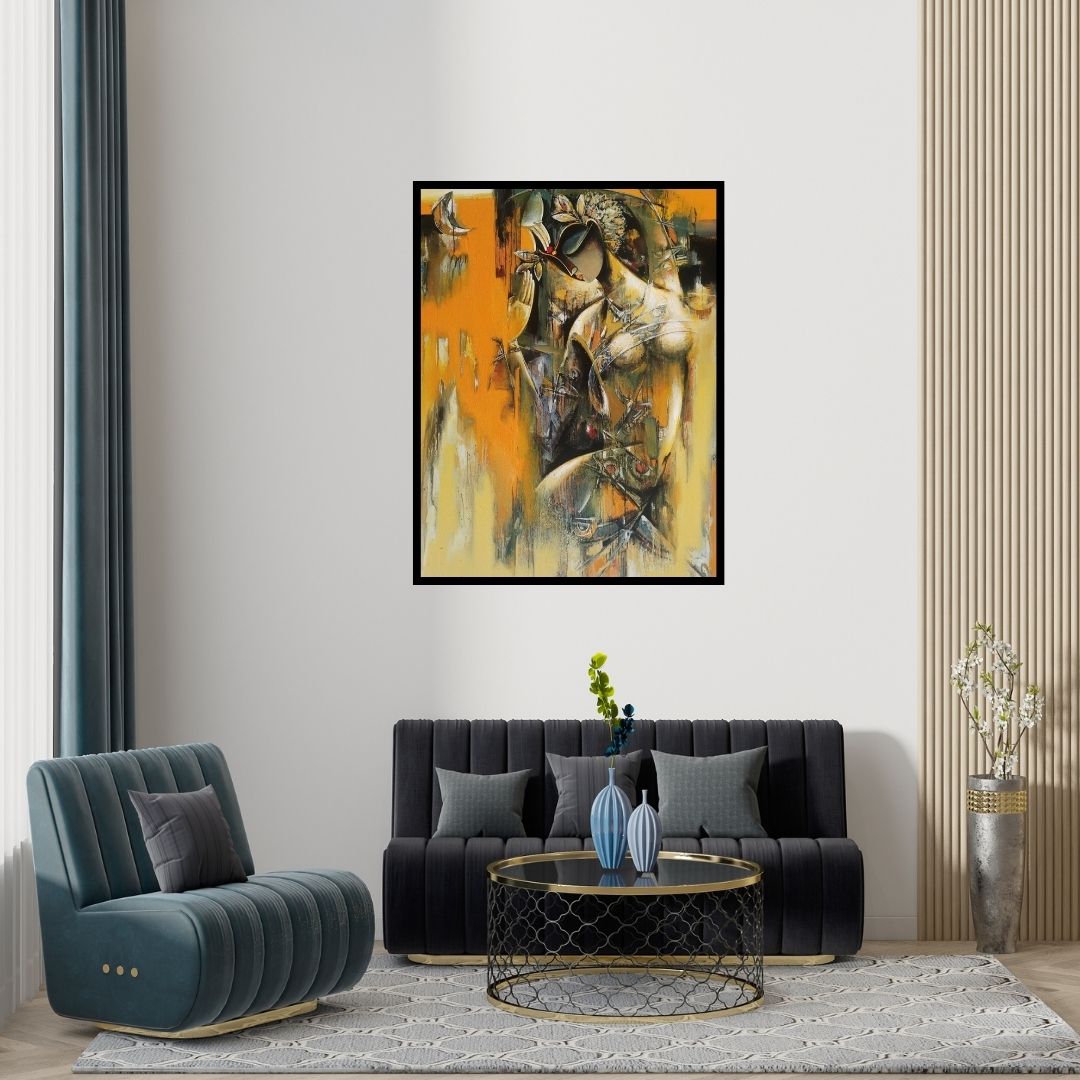 Preview of 'Nrutya Chandrika 76 (Woman with Bird and Moon)' Painting by Vishal Phasale shown on a wall in a furnished room.