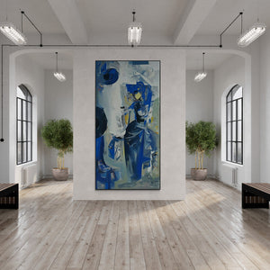 Vishal Phasale's painting 'Nrutyachandrika 55 (Sapphire Silhouette)' displayed in a modern living room setting