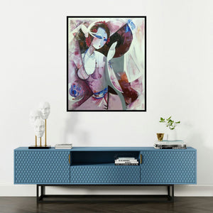 Vishal Phasale's 'Nrutyachandrika 59' painting visualized above a sofa in a contemporary room.