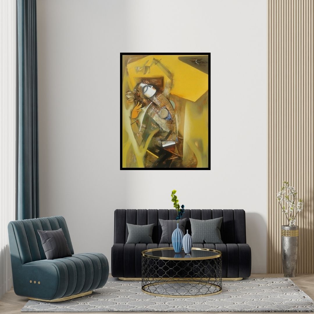 Preview of 'Nrutyachandrika 61' Painting by Vishal Phasale shown on a wall in a furnished room.