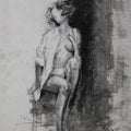 Nude charcoal drawing titled 'Nude Sitting On A Rock', 8x12 inches, by artist NILESH GAVALE on Paper