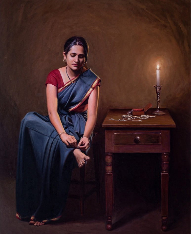 Nupur' figurative oil painting by artist Mahesh Soundatte, 42x34 inch, on linen