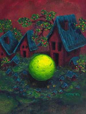 Object 17 (Village Anomaly) by Rainer Clemens Merk, Print Acrylic Surrealist Painting on Canvas, X-Small Vertical Wall Art