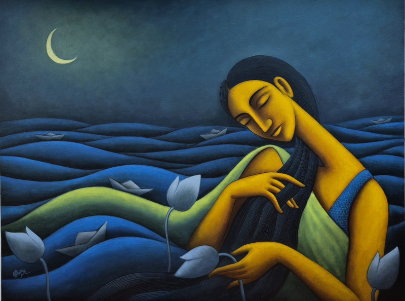 'Ocean Of Dreams 3' figurative acrylic painting by artist Uttam Bhattacharya, 30x40 inch, on canvas