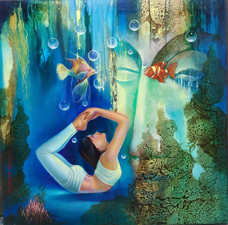 Ocean Of Inner Peace' figurative acrylic painting by artist Shyamsundar Achary, 26x26 inch, on canvas