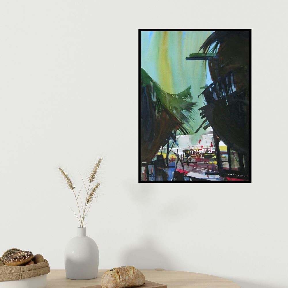 Sunil Kale's 'Ocean Moods 1 (Rivers Embrace)' painting visualized above a sofa in a contemporary room.