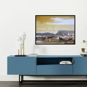 'Ocean Moods 12 (Golden Hour)' painting by Sunil Kale shown on a wall in a furnished room.