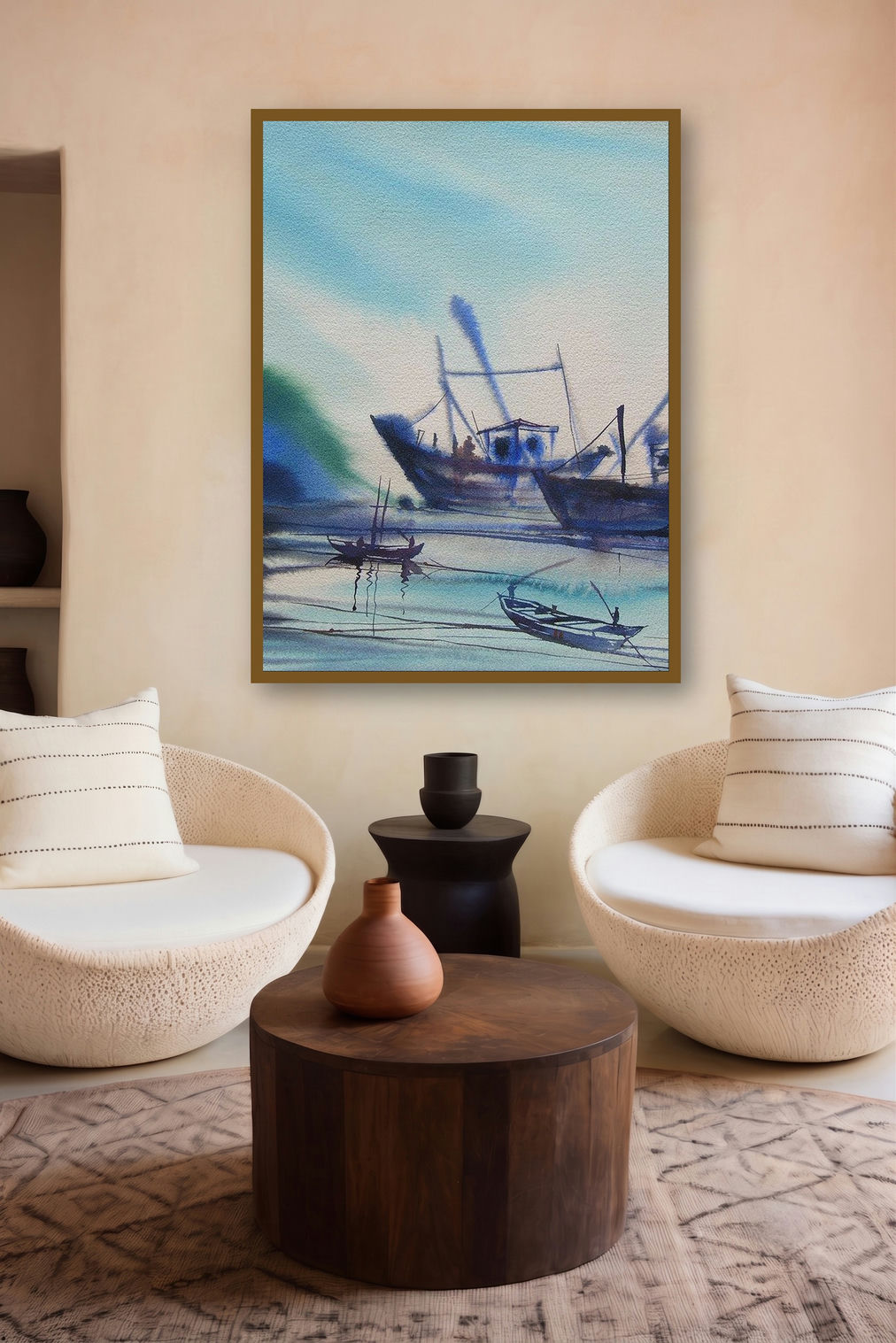 Ocean Moods 18 (Harbor Hues) by artist Sunil Kale displayed in a Curated gallery