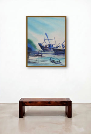 Ocean Moods 18 (Harbor Hues) by artist Sunil Kale displayed in a Eclectic Hallway