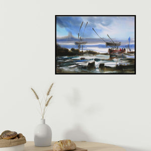 Sunil Kale's 'Ocean Moods 9 (Morning Mist)' painting visualized above a sofa in a contemporary room.