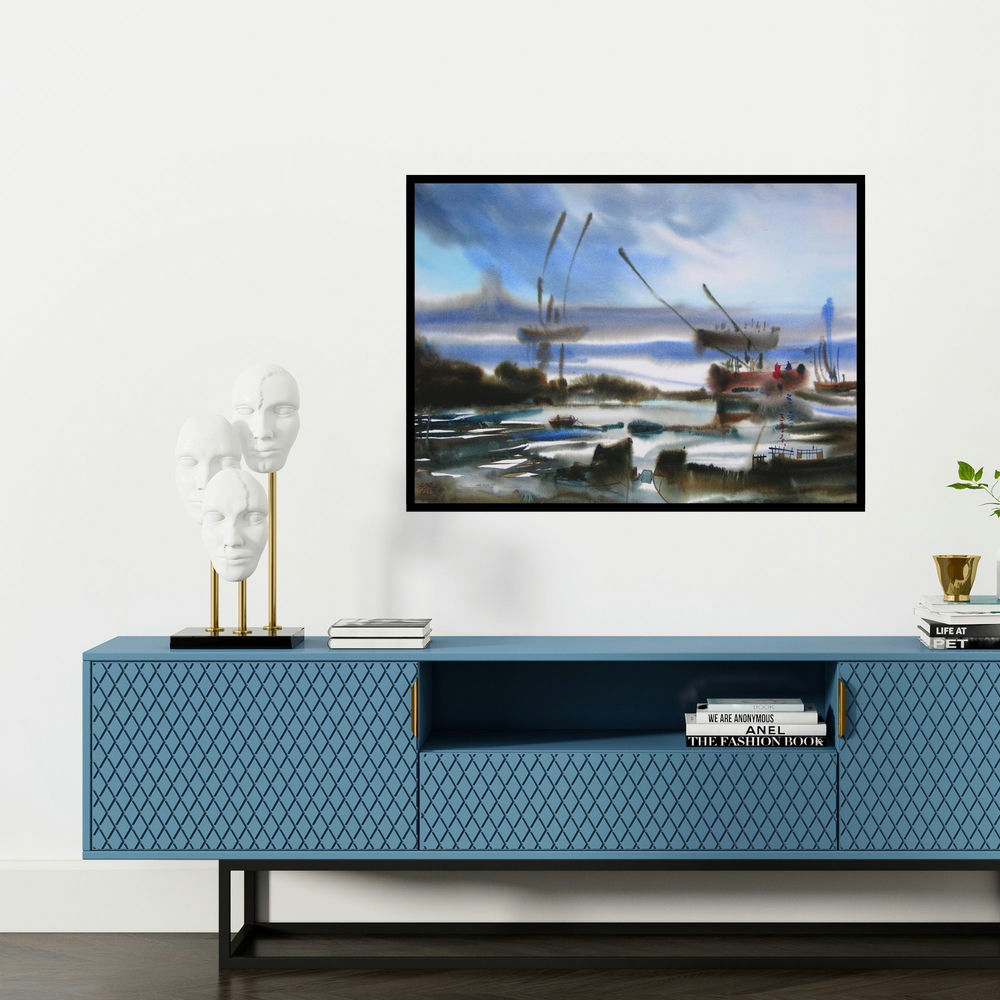 'Ocean Moods 9 (Morning Mist)' painting by Sunil Kale shown on a wall in a furnished room.