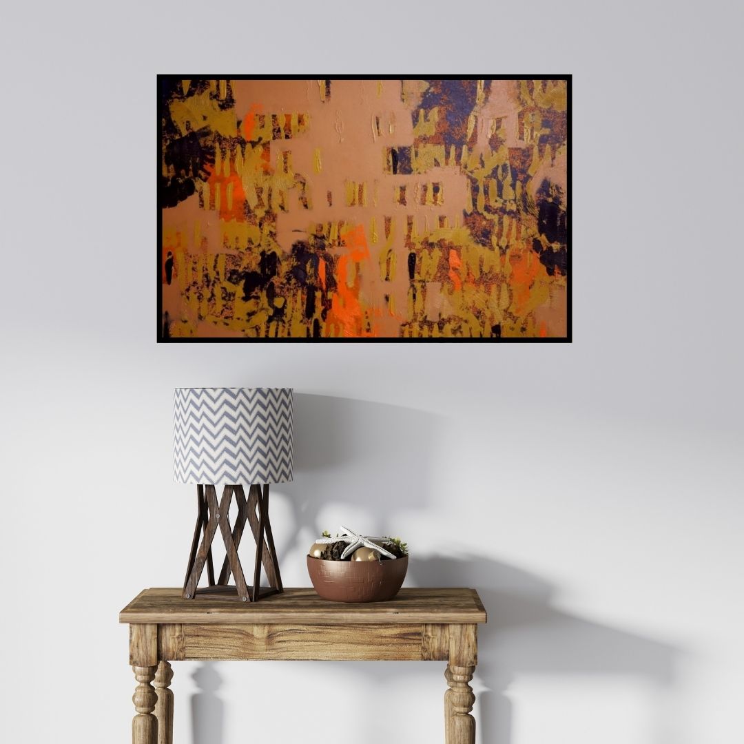 In-situ view of Ns Art's 'Ochre Patterns (Golden Echoes)' painting in a room