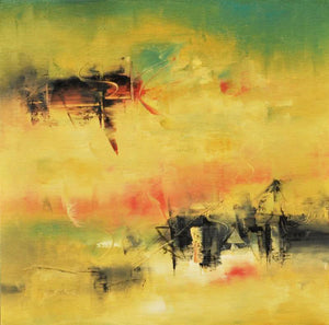 Ochre ' Pink (Golden Hues) by Raju Durshettiwar, Original Acrylic Abstract Painting on Canvas, Small Square Wall Art