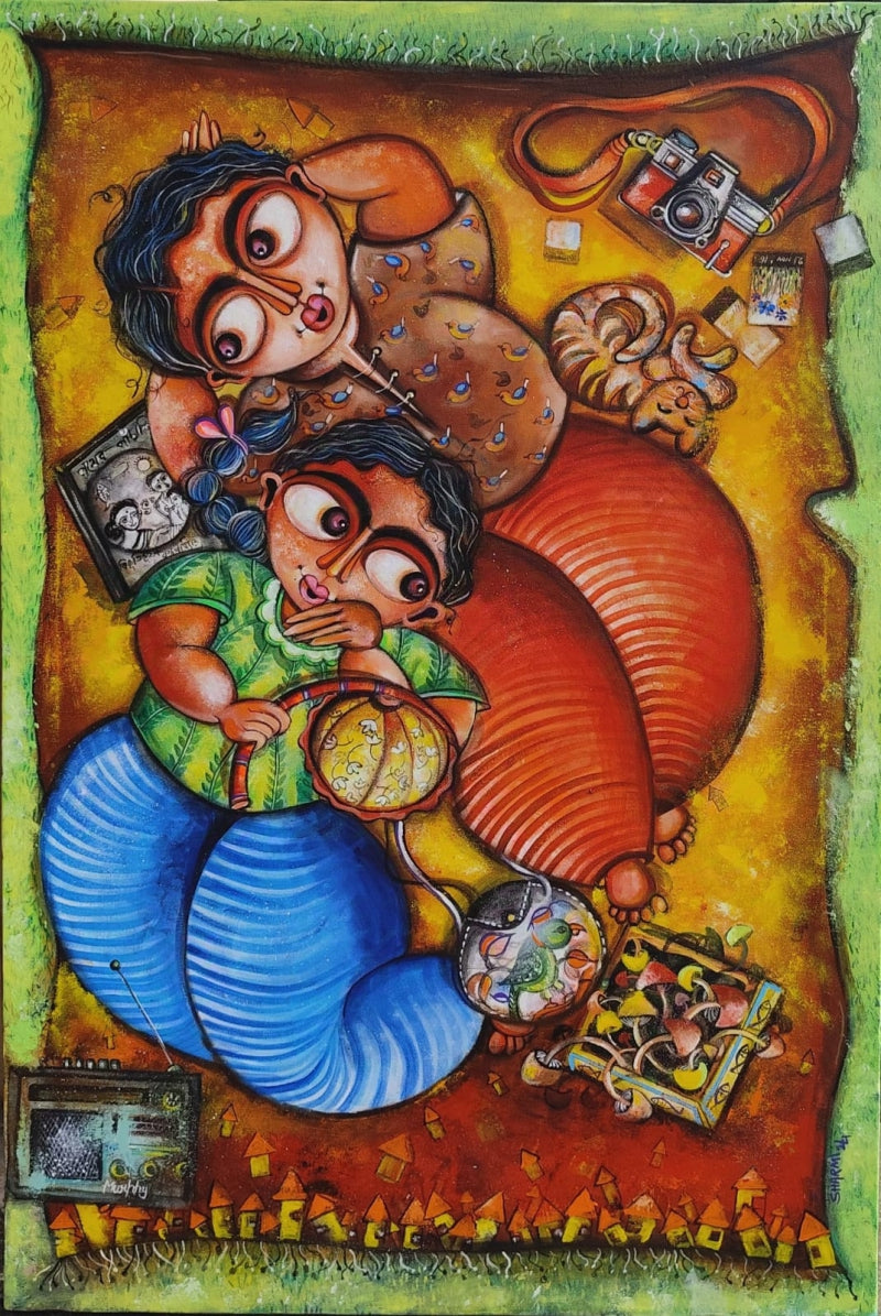 October Brunch' figurative acrylic painting by artist Sharmi Dey, 36x24 inch, on canvas
