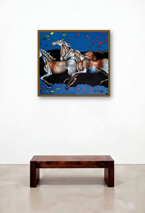 October Horses (Boundless Energy**) by artist Ranjith Raghupathy displayed in a Rustic Lounge