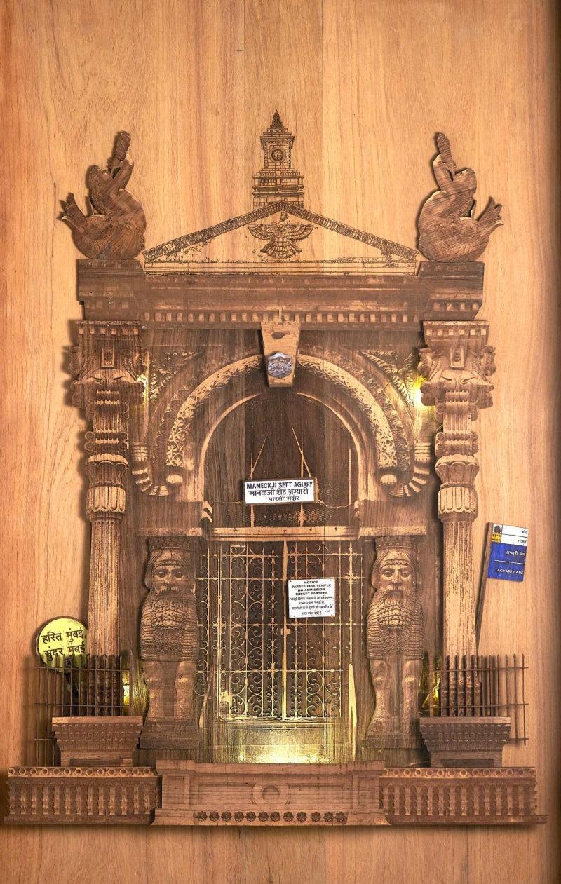 Cityscape sculpture titled 'Ode To Fire', 40x38x4 inches, by artist Shriram Mandale on Teak Wood