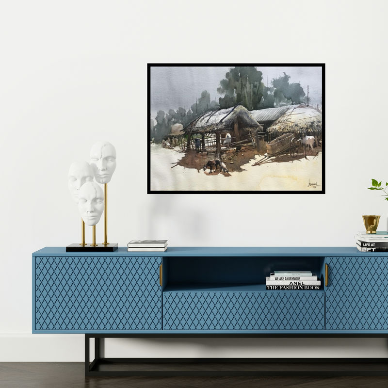 Preview of 'Odisha Village 2' Painting by Bijay Biswaal shown on a wall in a furnished room.