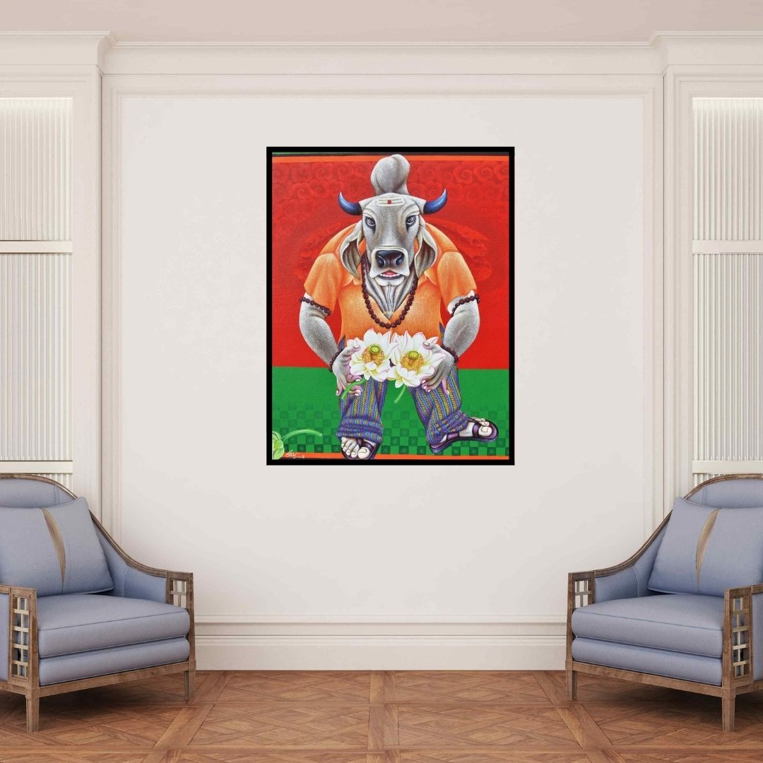 In-situ view of Ramu Das's 'Offering Lotus Flower' painting in a room