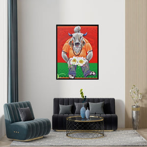 Preview of 'Offering Lotus Flower' Painting by Ramu Das shown on a wall in a furnished room.