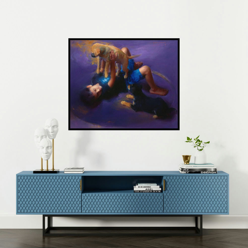 Pramod Kurlekar's 'Offline (Boy and His Playful Companions)' painting visualized above a sofa in a contemporary room.