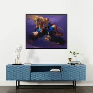 Pramod Kurlekar's 'Offline (Boy and His Playful Companions)' painting visualized above a sofa in a contemporary room.