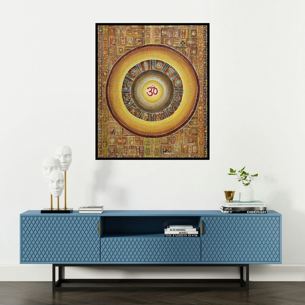 Madhavi Joshi's 'Ohm 2 (Om Mandala)' painting visualized above a sofa in a contemporary room.