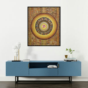 Madhavi Joshi's 'Ohm 2 (Om Mandala)' painting visualized above a sofa in a contemporary room.