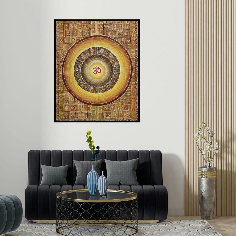 'Ohm 2 (Om Mandala)' painting by Madhavi Joshi shown on a wall in a furnished room.